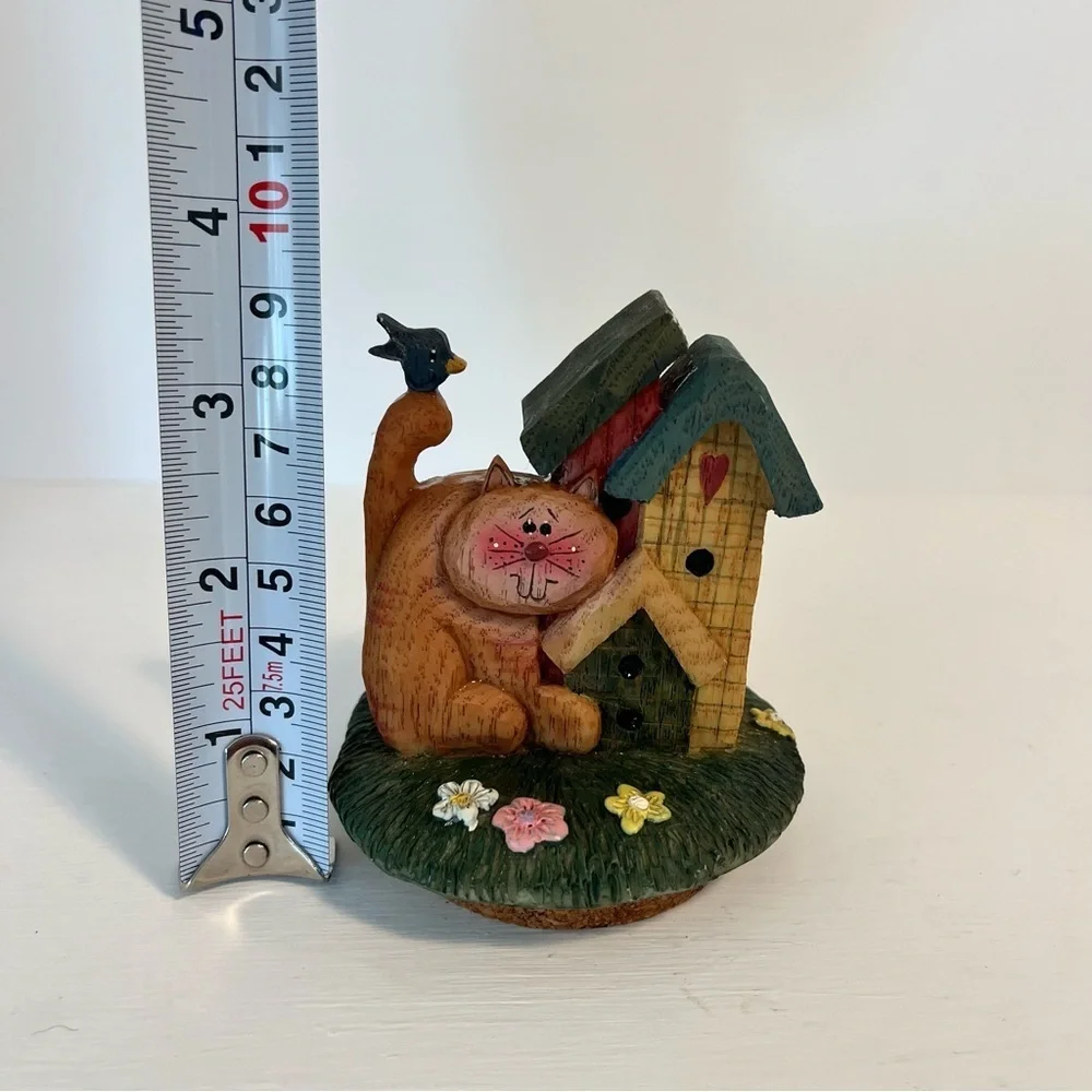 Vintage Orange Cat and Birdhouse Scene Candle Topper